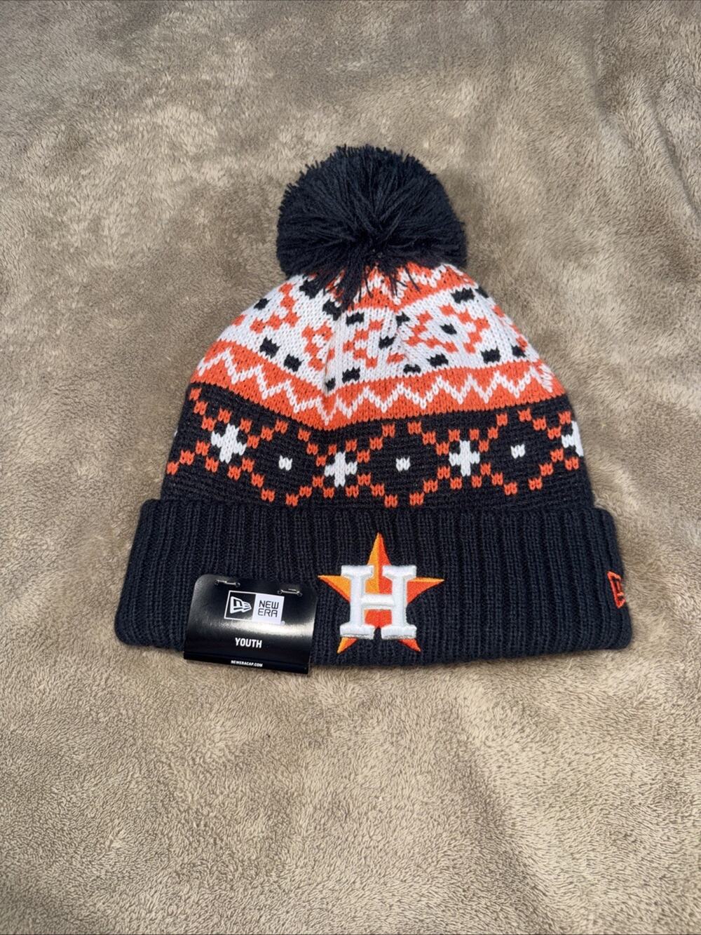 New Era Youth MLB Houston Astros Pom-Pom Knit‎ Beanie Cap Hat Black Orange OS